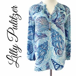 Lilly Pulitzer Elsa True Blue Resort White Stuffed Shells Elsa Blouse Size S EUC